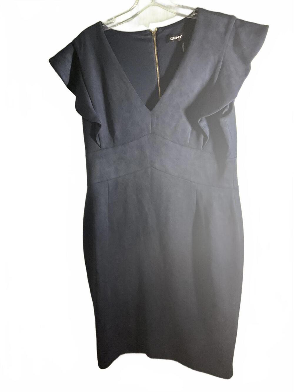DKNY Elegant Navy Blue Dress with Faux Suede Flutter Sleeves Large